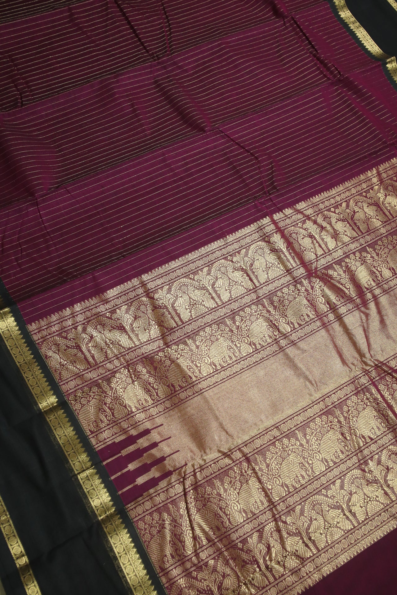 Dark Purple - Vertical stripes zari woven black border with woven pallu