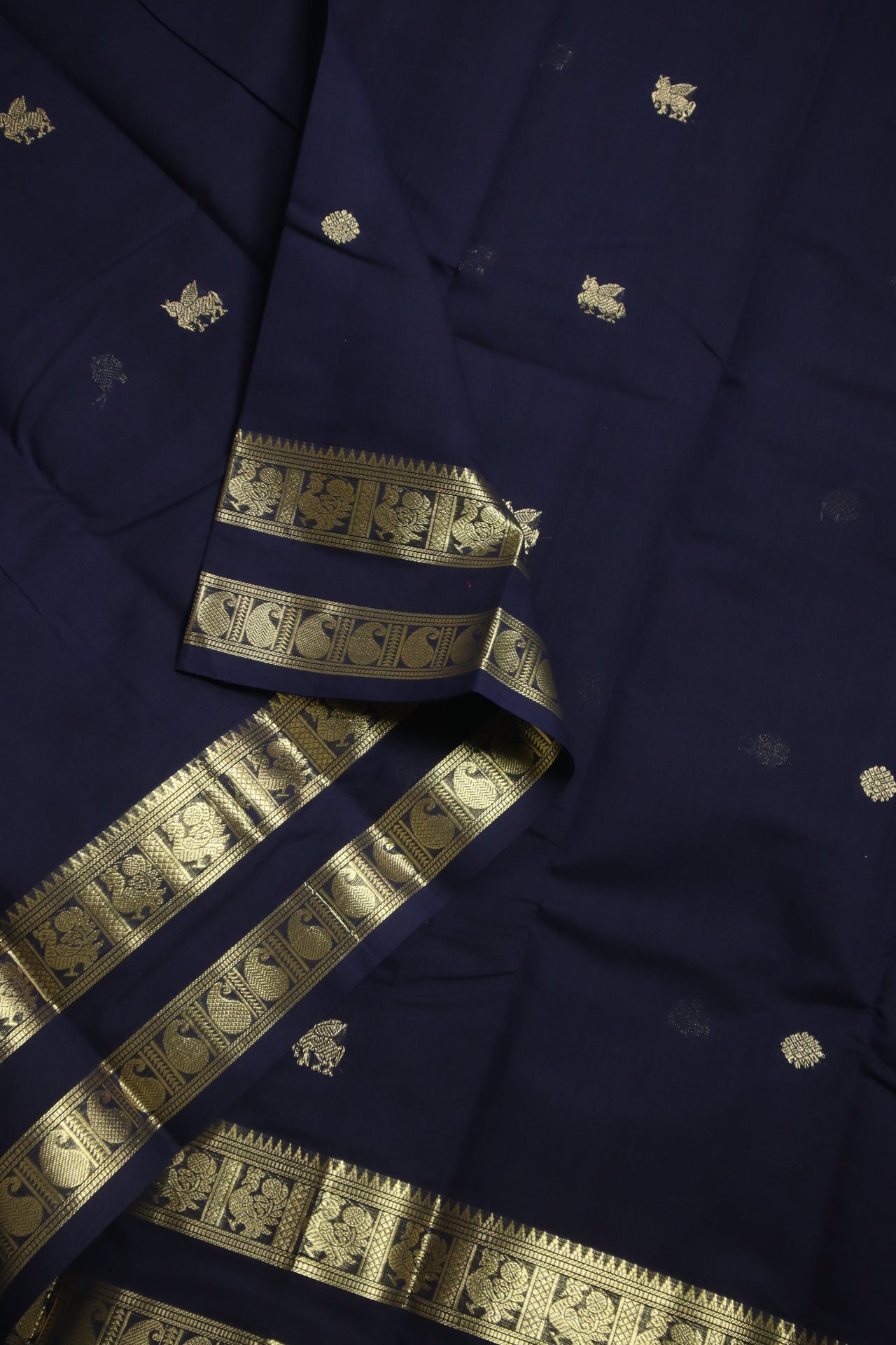 Navy Blue - - Zari woven all over buttas with woven pallu