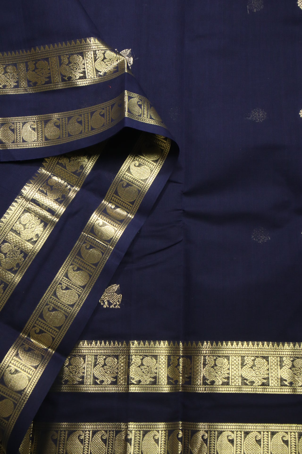 Navy Blue - - Zari woven all over buttas with woven pallu