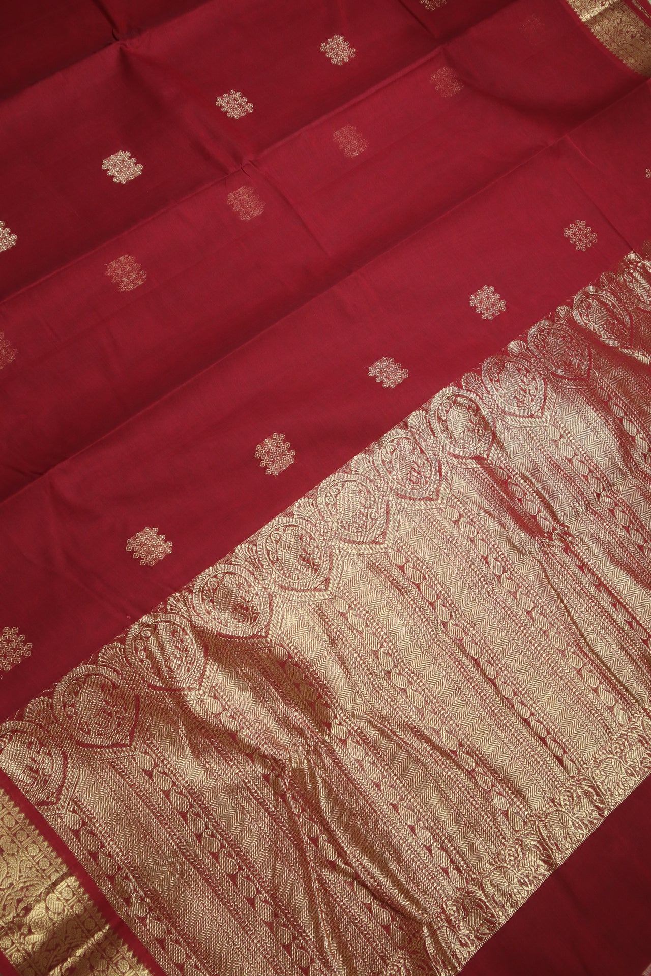 Dark Red - Elephant zari border - All over body Kolam woven buttas with woven pallu