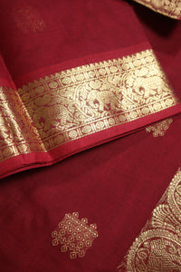 Thumbnail for Dark Red - Elephant zari border - All over body Kolam woven buttas with woven pallu