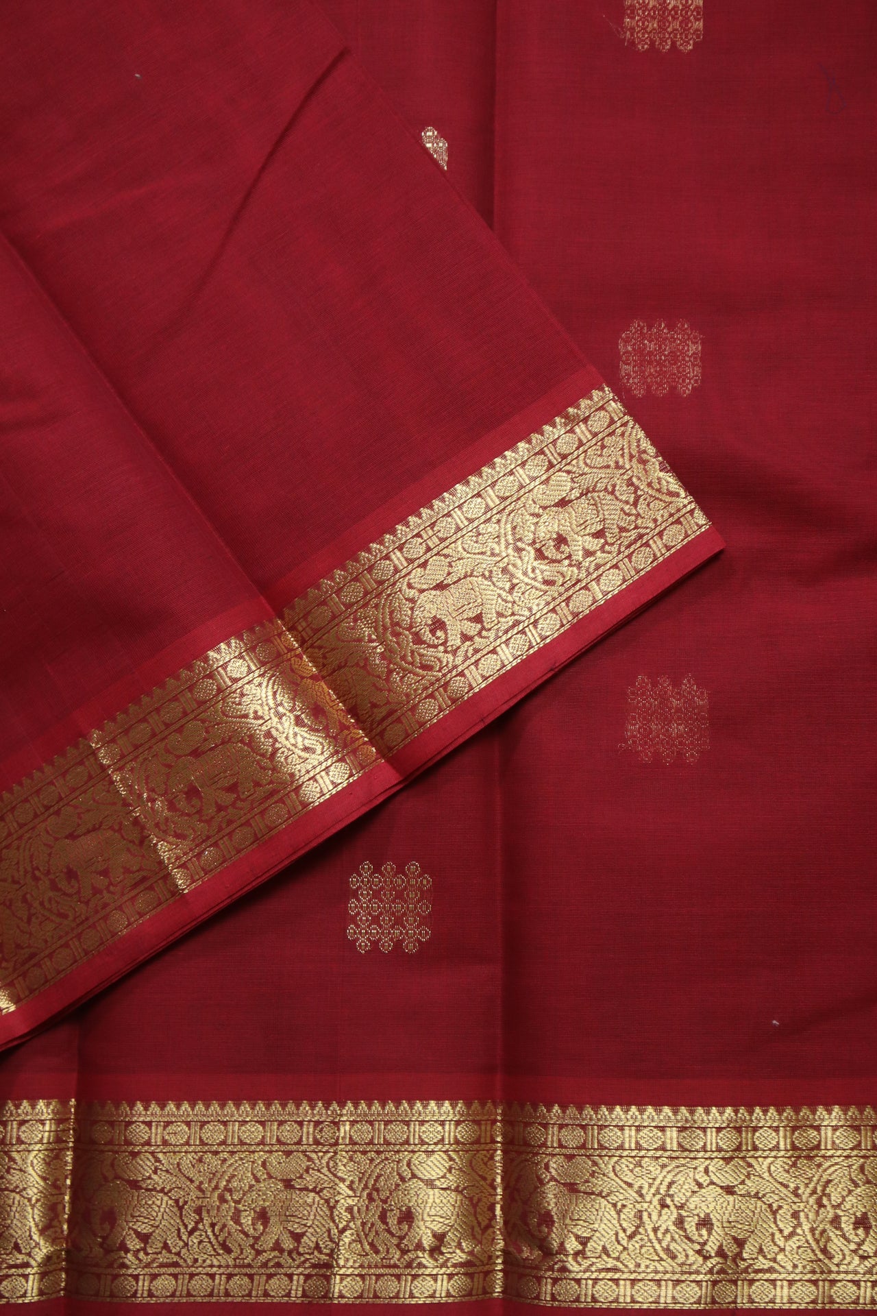 Dark Red - Elephant zari border - All over body Kolam woven buttas with woven pallu