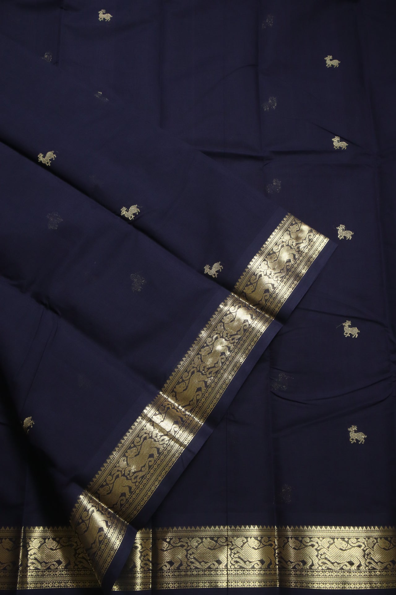 Midnight Blue - Yazhi zari woven border all over body buttas with woven pallu