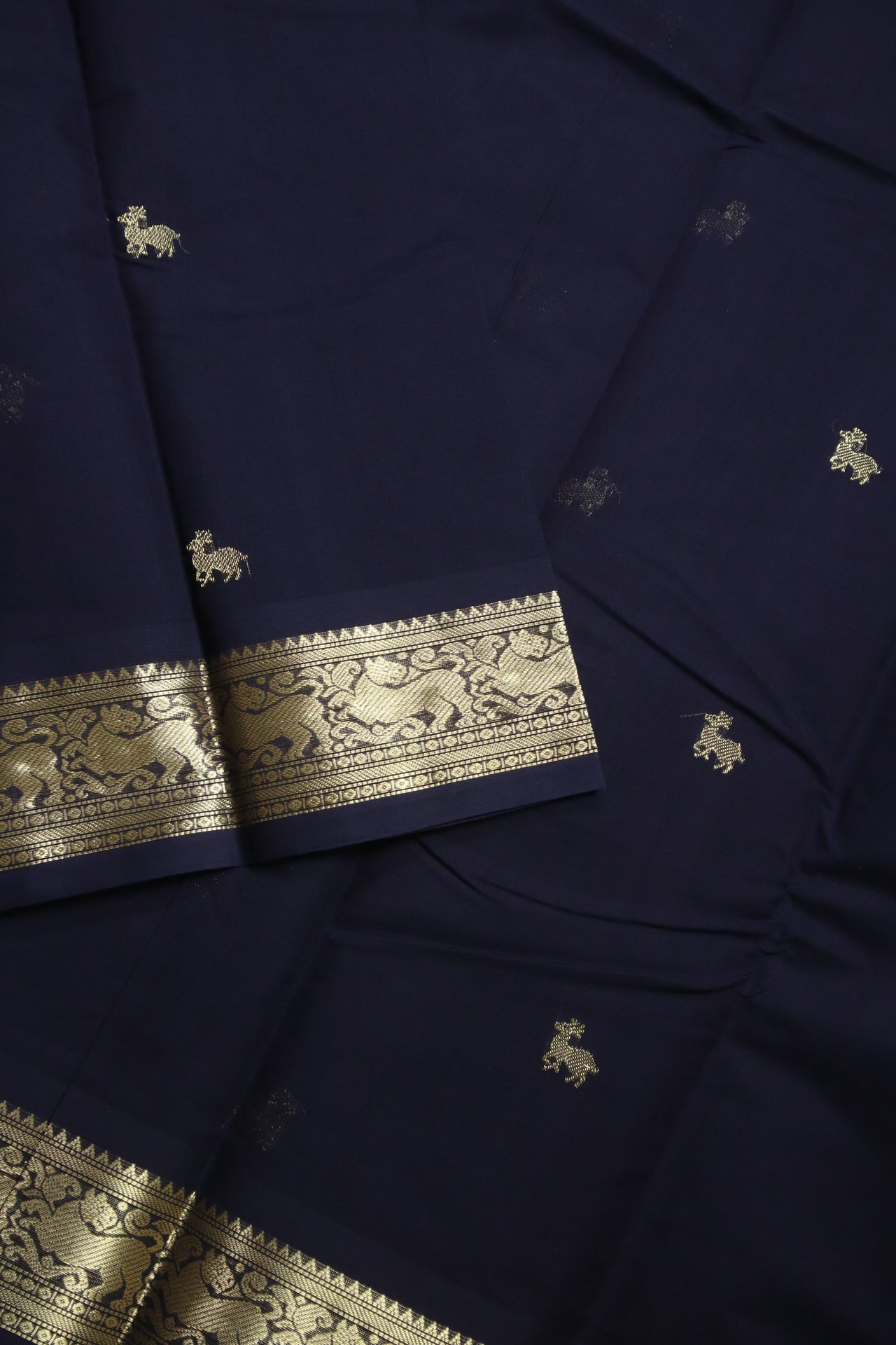 Midnight Blue - Yazhi zari woven border all over body buttas with woven pallu