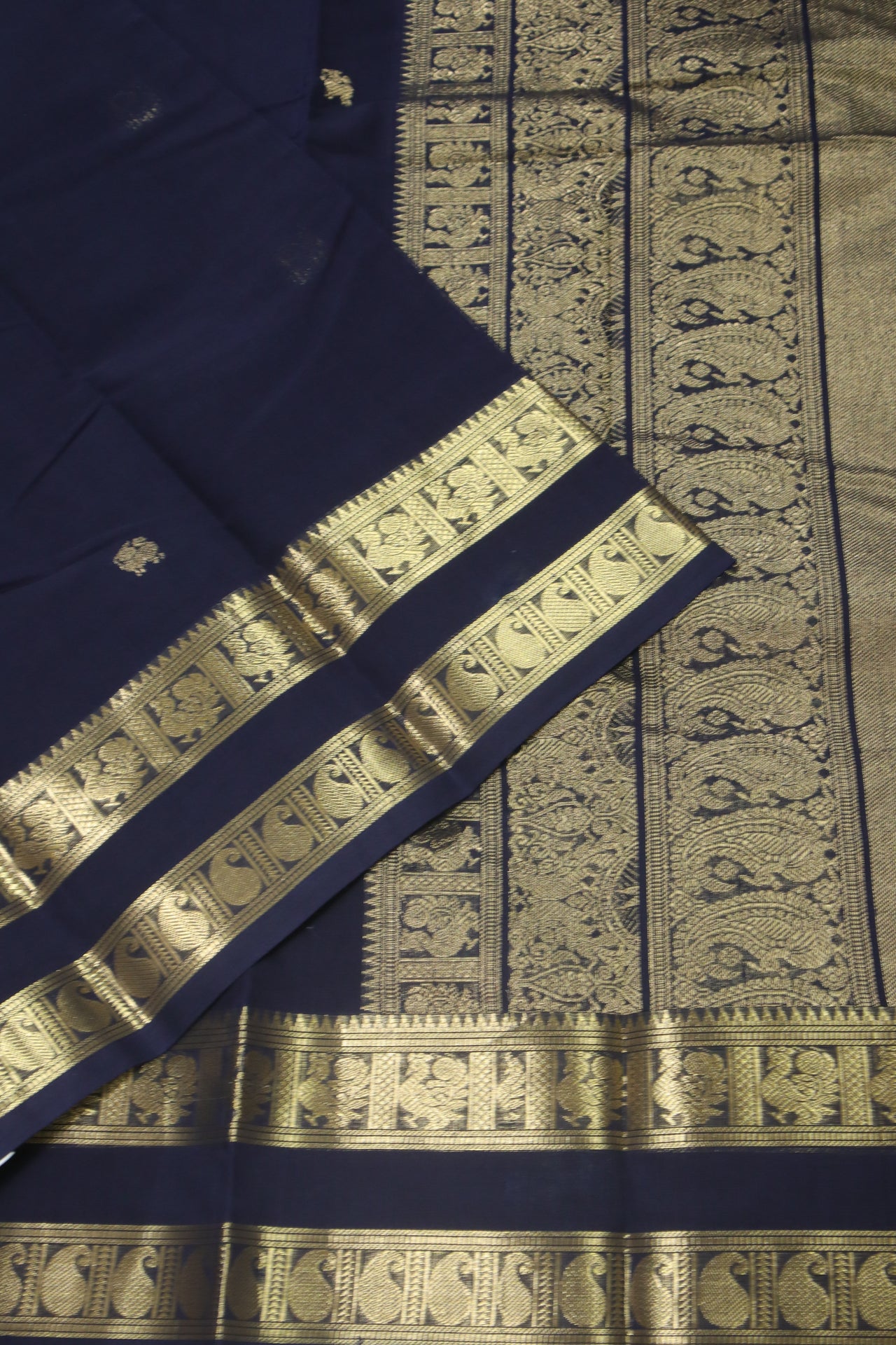 Navy Blue - - Zari woven all over buttas with woven pallu