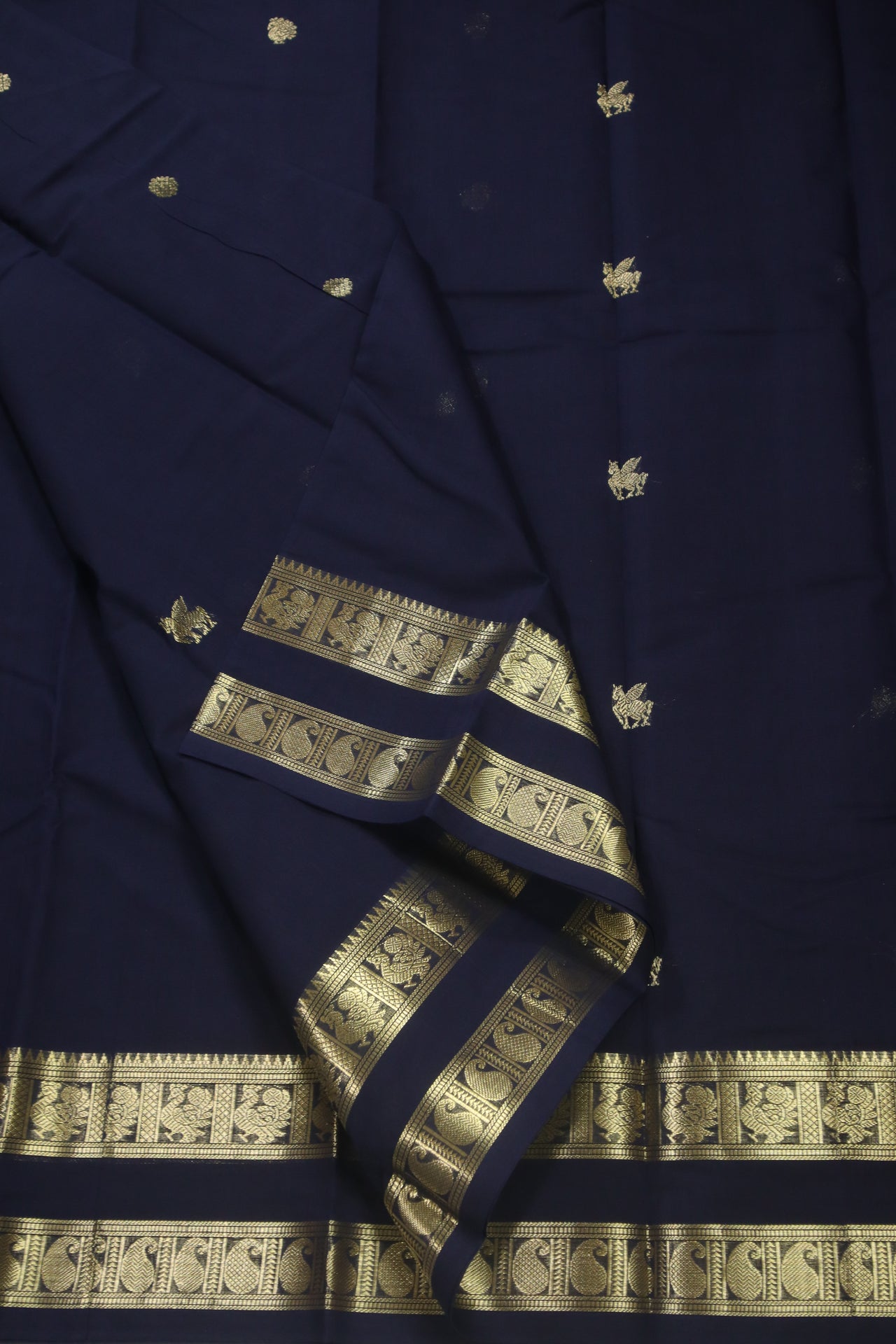 Navy Blue - - Zari woven all over buttas with woven pallu