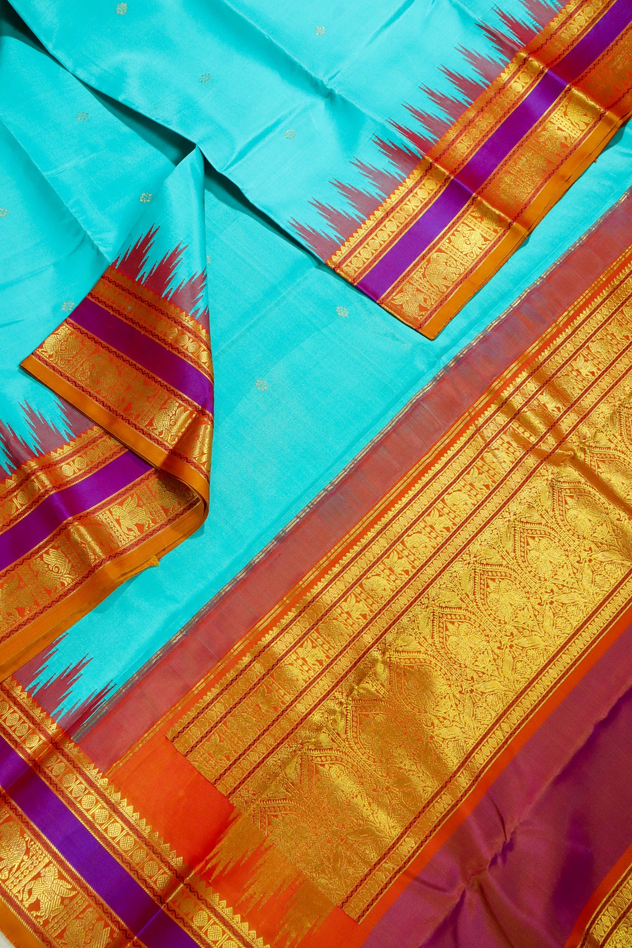 Aqua blue -Zari woven - korvai border with buttas and woven pallu