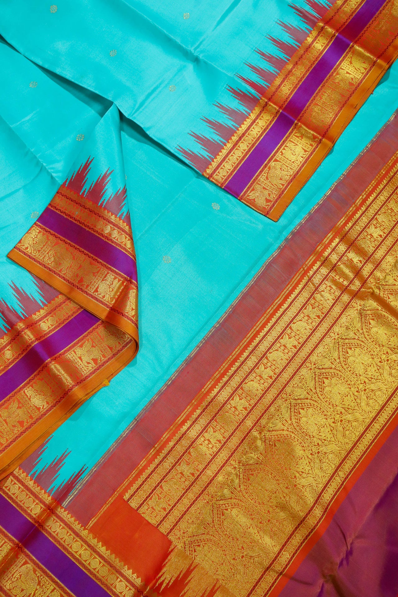 Aqua blue -Zari woven - korvai border with buttas and woven pallu