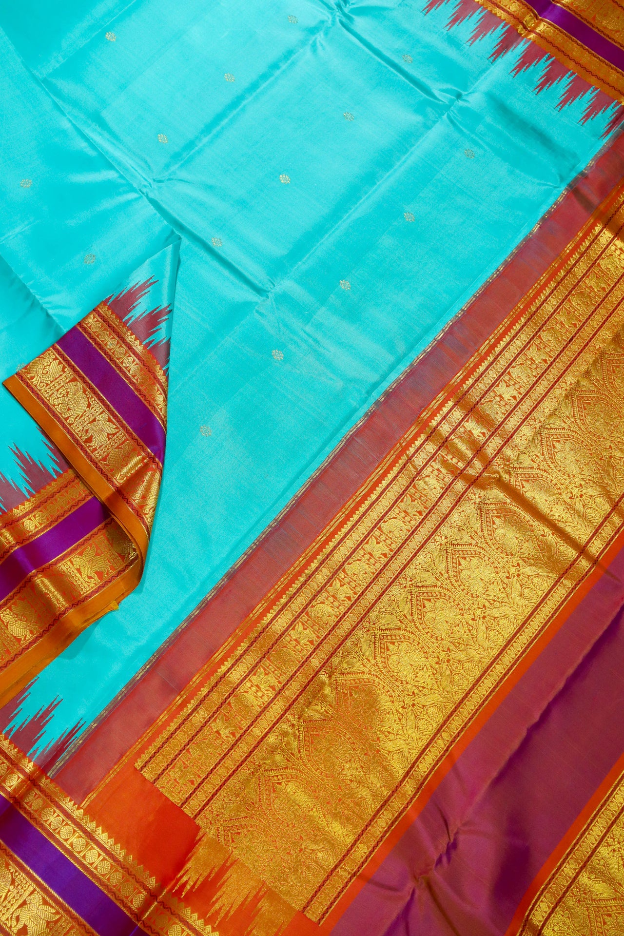 Aqua blue -Zari woven - korvai border with buttas and woven pallu