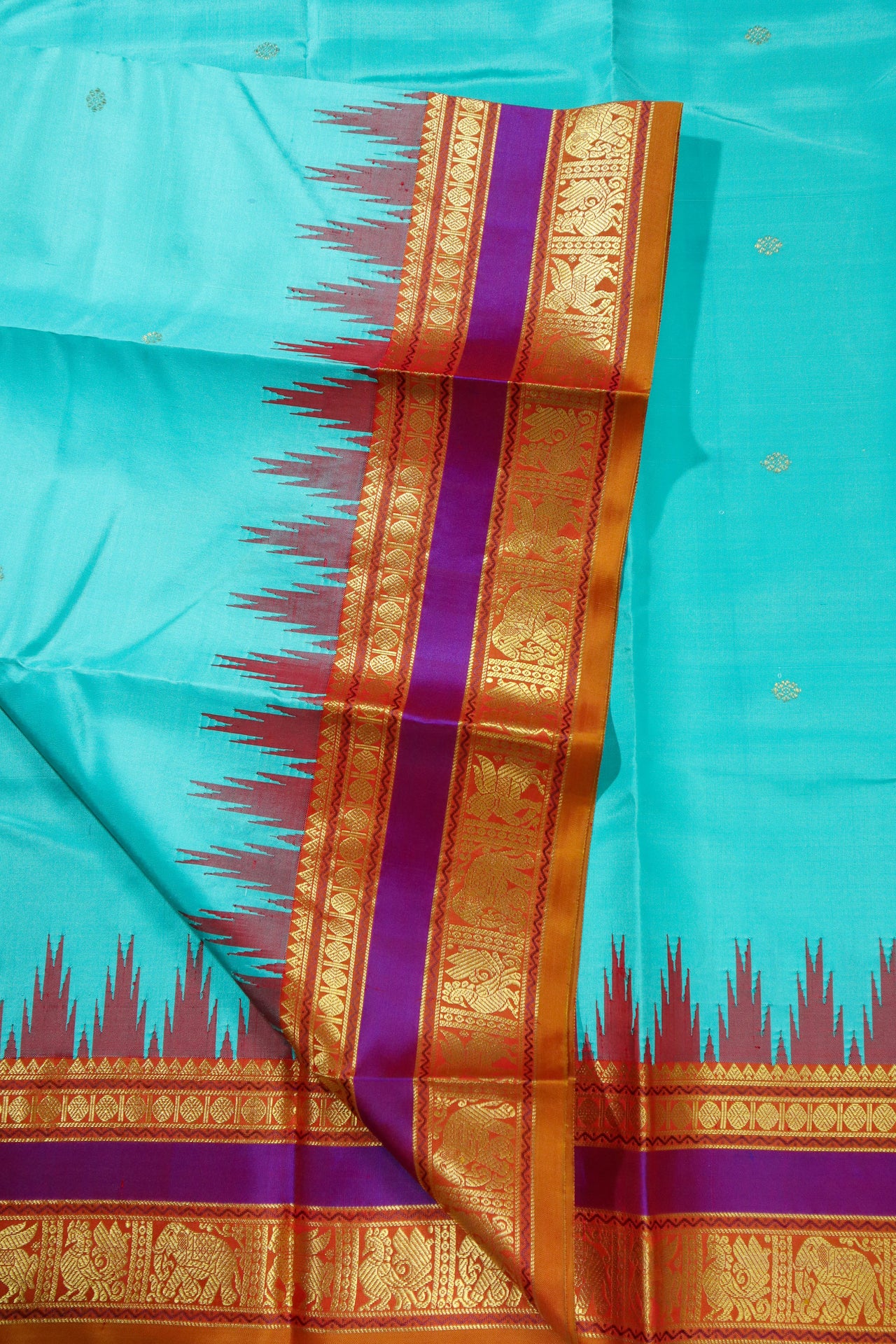 Aqua blue -Zari woven - korvai border with buttas and woven pallu