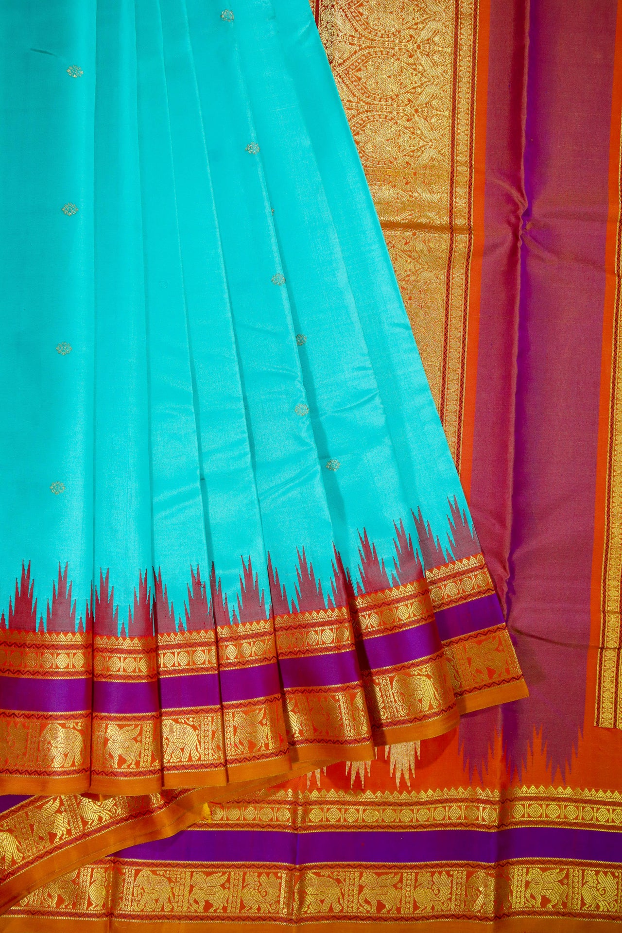 Aqua blue -Zari woven - korvai border with buttas and woven pallu