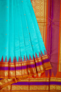 Thumbnail for Aqua blue -Zari woven - korvai border with buttas and woven pallu