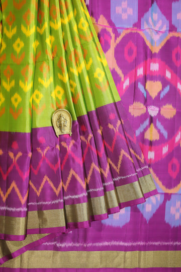 Ikkat soft silk saree in bright Yellow with Pink border and Floral dig | Soft  silk sarees, Silk printing, Silk sarees